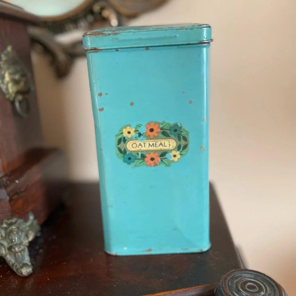 Vintage 30/40s Pink Faux Floral Display Green Tin Oatmeal Canister  10” height